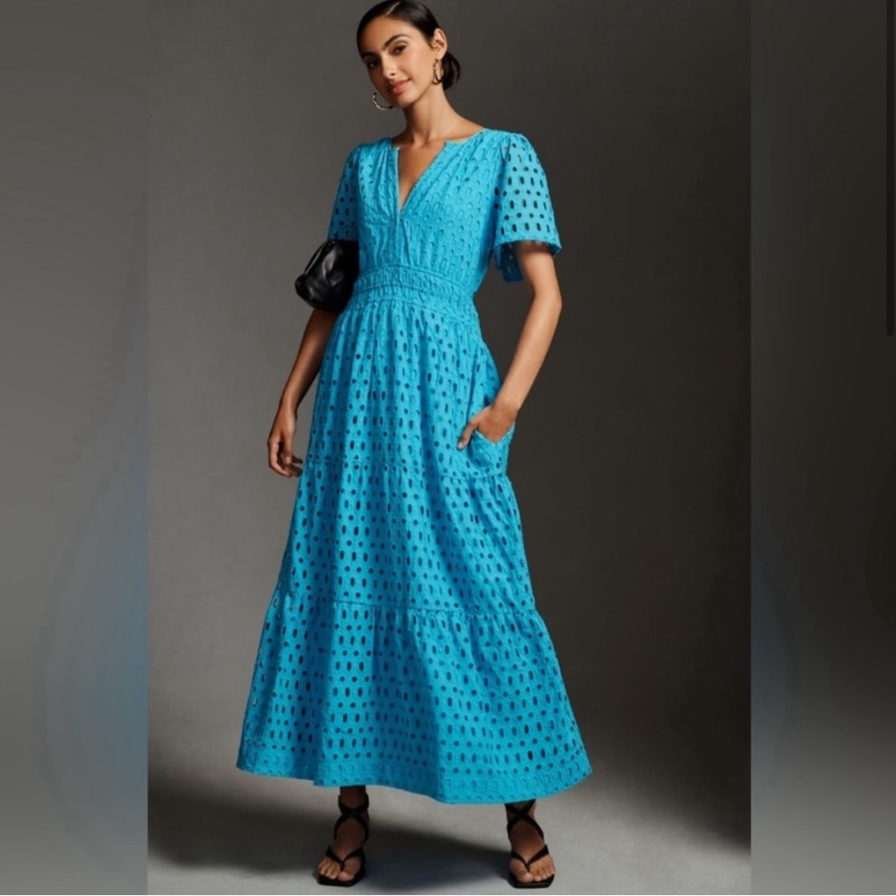 Anthropologie Somerset Maxi Dress Eyelet Edition Turquoise Tiered